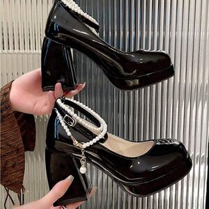 Elegant Black Platform Heels with Pearl Ankle Strap